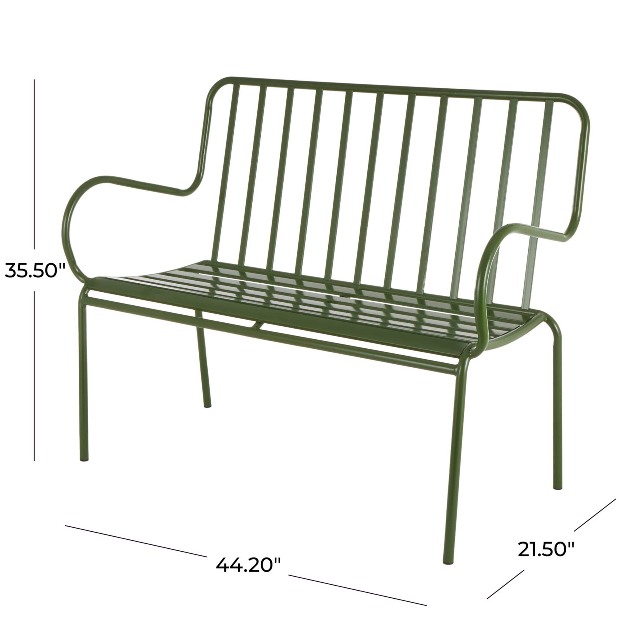 44.25" Green Metal Slatted Outdoor Bench with Curved Armrests